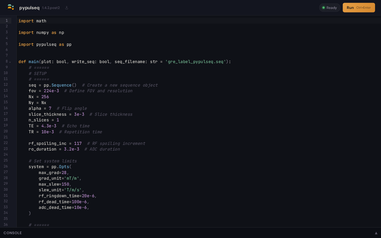 PyPulseq browser editor showing the default gradient-echo sequence code