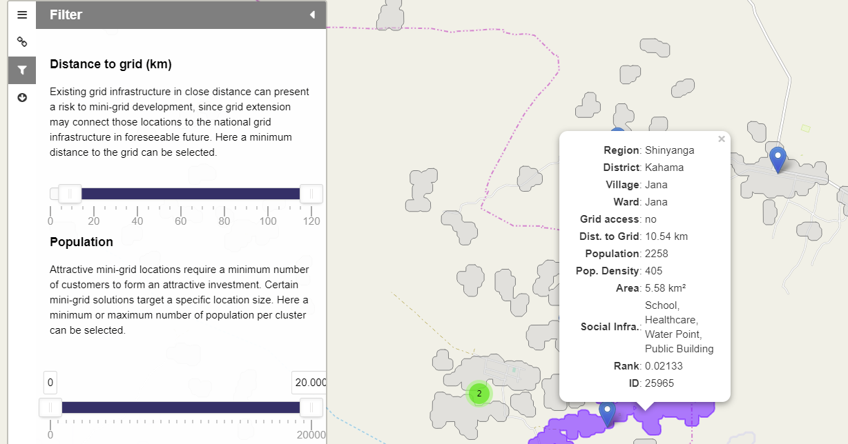 Leaflet map of Tanzania with population-cluster filters and location information